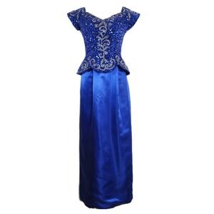 Vintage 1992 Mike Benet Formals Royal Blue Beaded Sequin Peplum Gown Dress Sz 6‎
